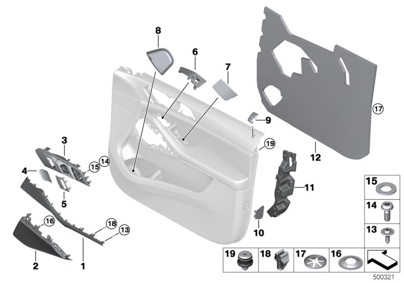Доп.элементы обшивки передней двери для BMW G07 X7 30dX B57 (схема запчастей)