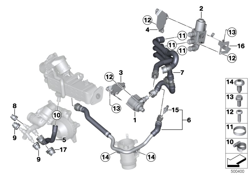 Сист.охлаждения-сист.рециркуляции ОГ для BMW F07N 530dX N57N (схема запчастей)