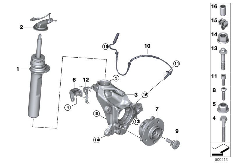 Стойка амортизатора Пд VDC/доп.элементы для BMW F55 Cooper B38C (схема запчастей)