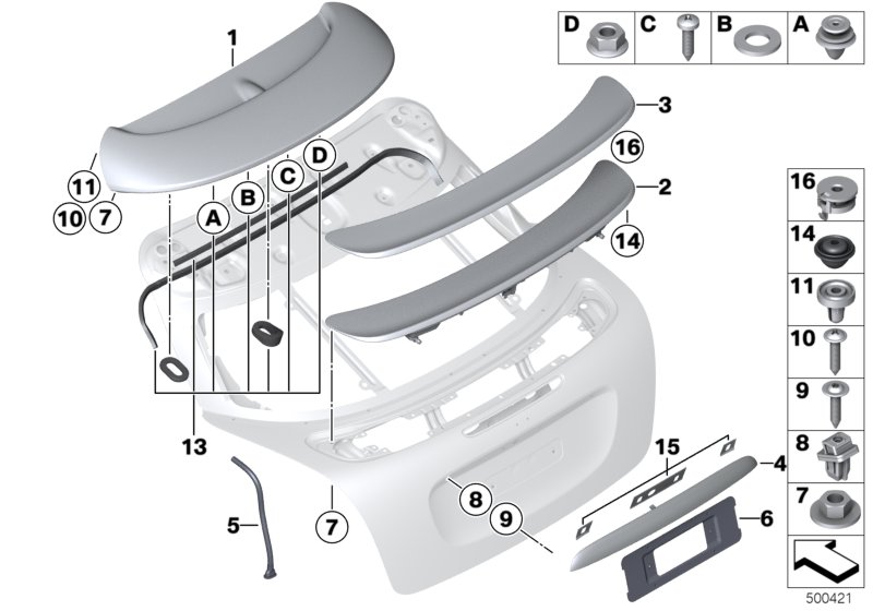 Дополнительные элементы багажной двери для BMW R58 Cooper SD N47N (схема запчастей)