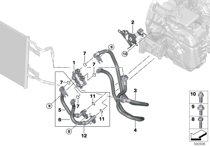 Трубопровод радиатора охл.масла КПП для BMW F45 225xe B38X (схема запчастей)