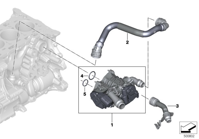 Корпус термостата системы охлаждения для BMW G30 530iX B48D (схема запчастей)