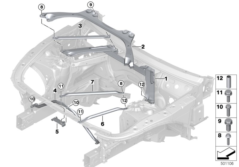 Элемент усиления передней части кузова для BMW G30 525d B47 (схема запчастей)