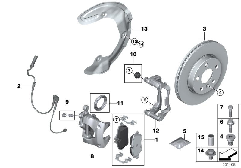 Тормозной механизм переднего колеса для BMW F60 Cooper SD ALL4 B47 (схема запчастей)