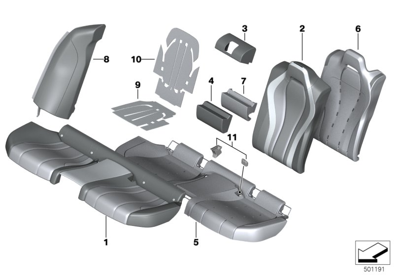 Мягкая часть и обивка заднего сиденья для BMW G16 840iX B58C (схема запчастей)