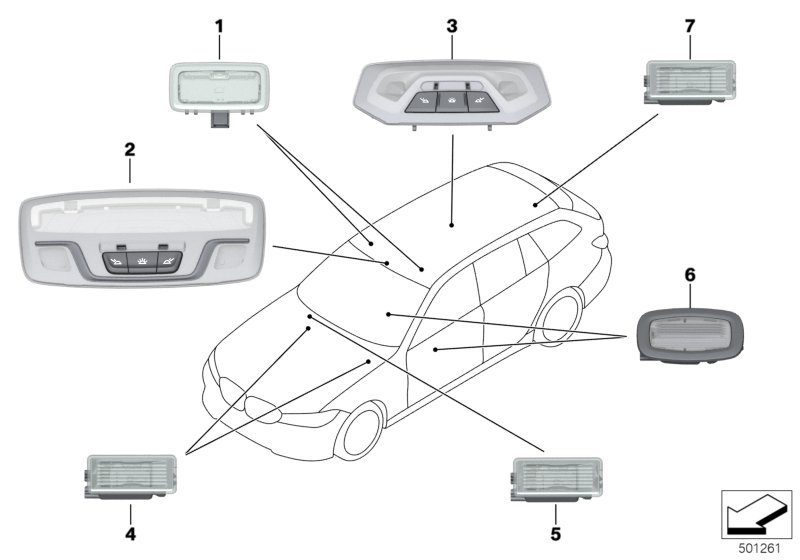 Светильники освещения салона для BMW G21 M340iX B58D (схема запчастей)