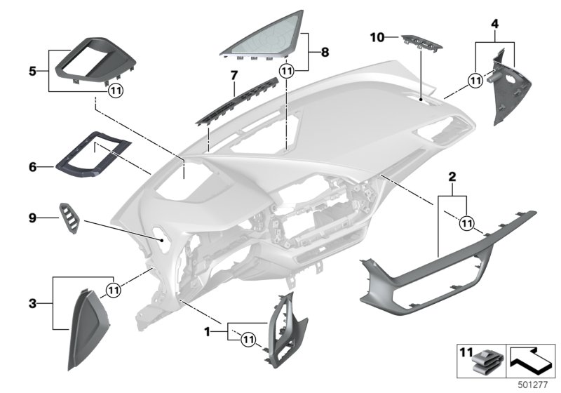 Доп.элементы панели приборов Вх для BMW F40 116d B37B (схема запчастей)