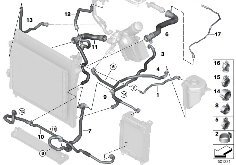 Шланги системы охлаждения для BMW F16 X6 M50dX N57X (схема запчастей)