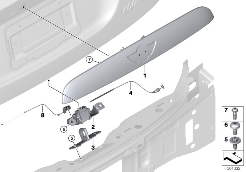 Система замков багажной двери для BMW F56 Cooper B38 (схема запчастей)