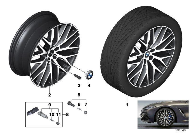BMW LM колесо с крест.спицей 636 - 20" для BMW G16 M850iX N63B (схема запчастей)