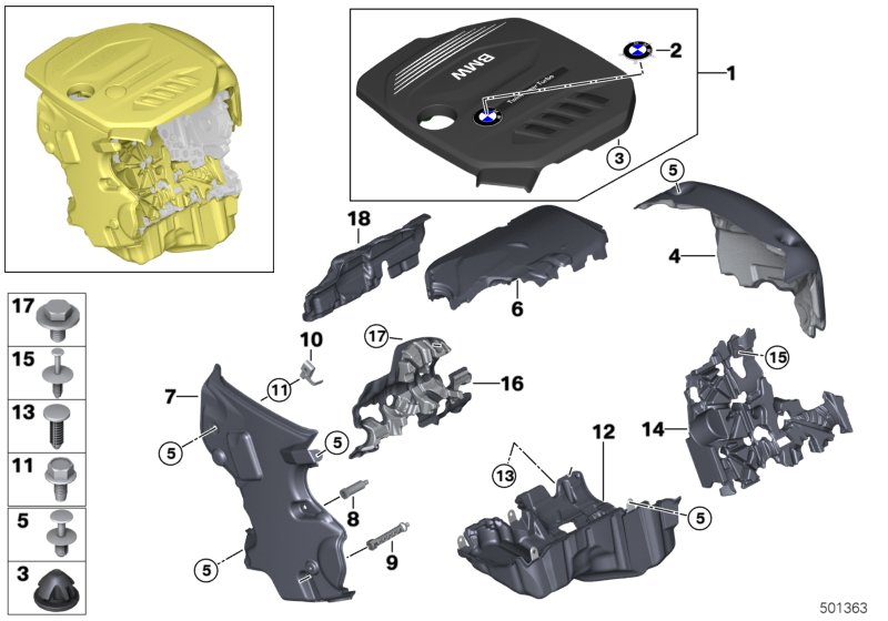 Звукоизоляционный кожух двигателя для BMW G30 520d B47 (схема запчастей)