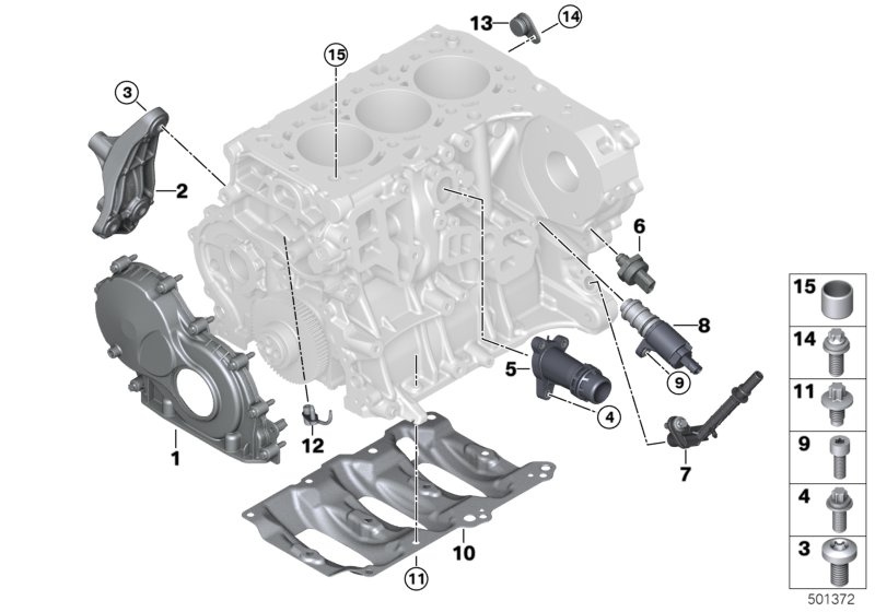 Блок цилиндров/дополнительные элементы для BMW F48 X1 16d B37 (схема запчастей)