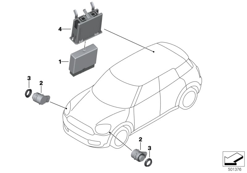 Парковочный ассистент PMA для MINI F60 Cooper S ALL4 B48C (схема запчастей)