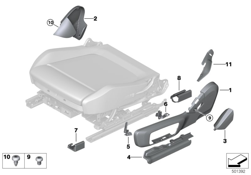 Накладка переднего сиденья с э/приводом для BMW G14 840dX B57 (схема запчастей)