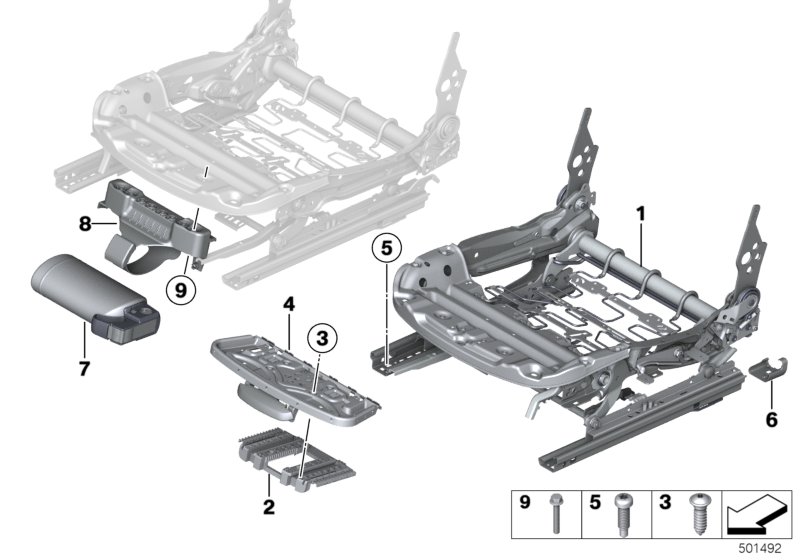 Каркас подушки переднего сиденья для BMW F30N 330i B48 (схема запчастей)