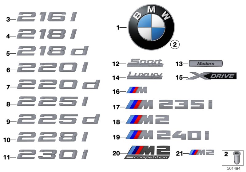 Эмблемы / надписи для BMW F22N 225d B47 (схема запчастей)