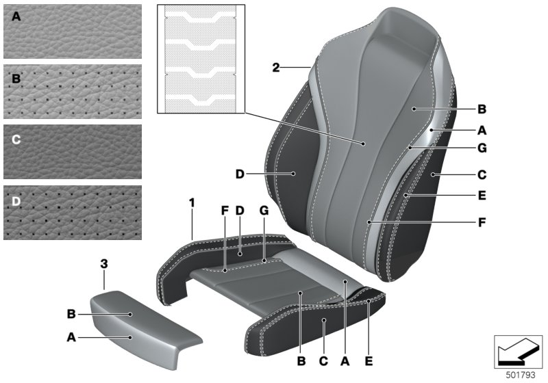 Инд.обивка сид.пов.комфорт.климат-кожа для BMW G16 M850iX N63B (схема запчастей)