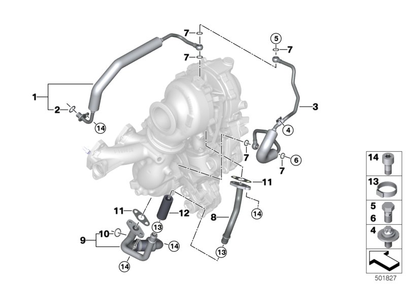 Смазочная система турбонагнетателя для BMW F48N X1 25dX B47E (схема запчастей)