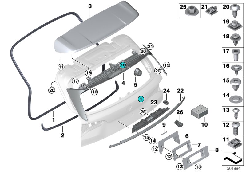 Дополнительные элементы багажной двери для BMW G07 X7 50iX N63M (схема запчастей)