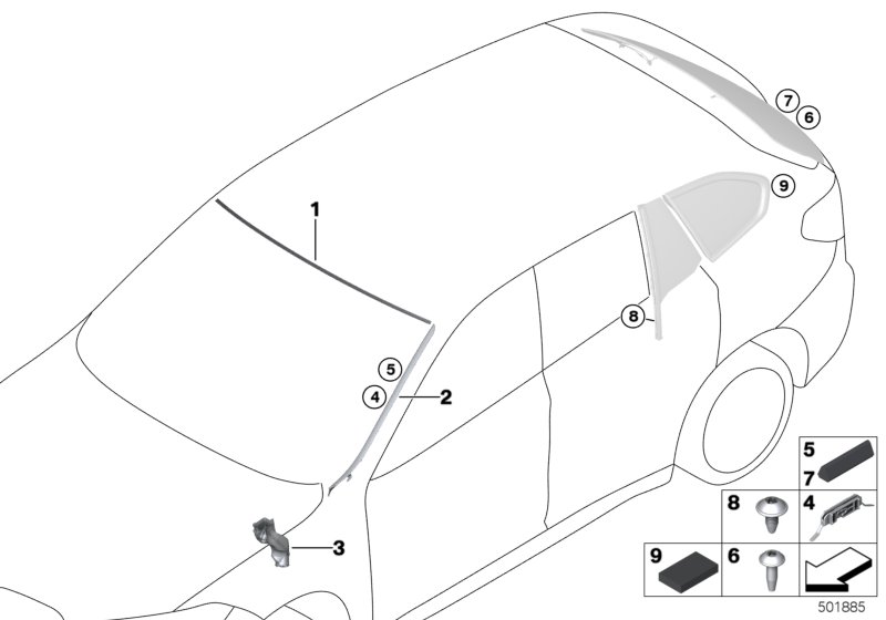 Остекление, дополнительные элементы для BMW F48 X1 20iX B48C (схема запчастей)