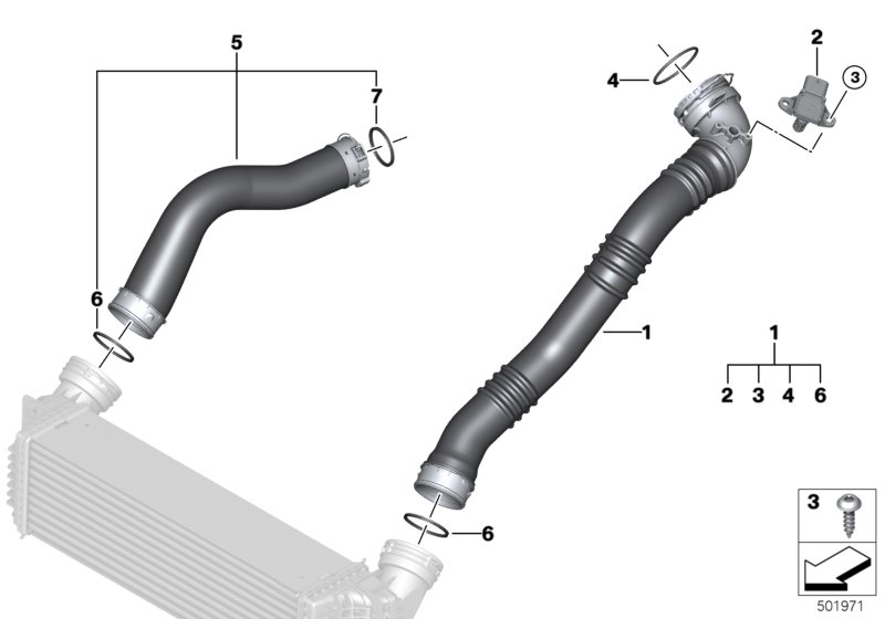 Воздуховод наддувочного воздуха для BMW F15 X5 40eX N20 (схема запчастей)