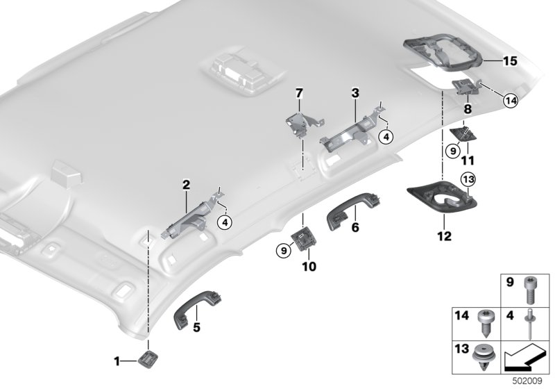 Доп.элементы потолка для BMW F48 X1 18i B32 (схема запчастей)