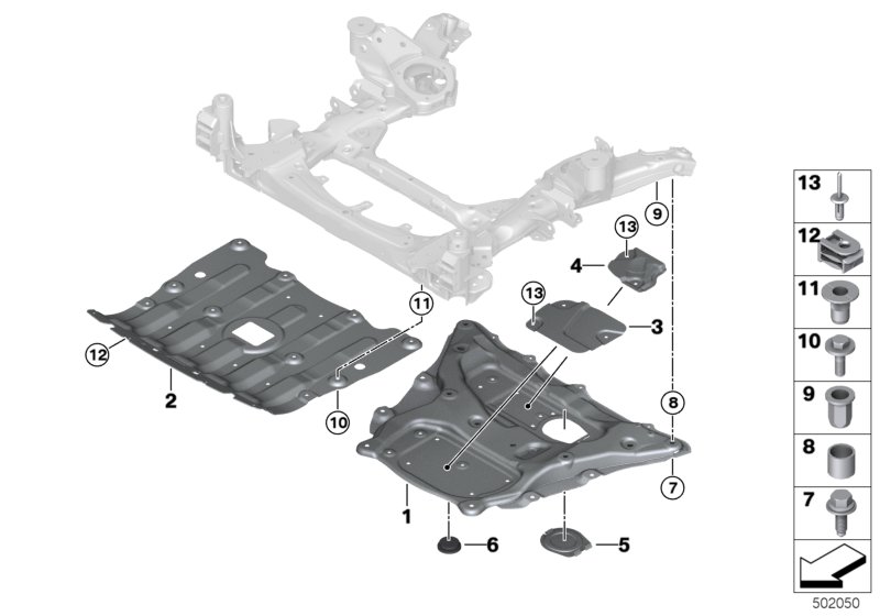 Передний подрамник противоподкатный брус для BMW G06 X6 30dX B57 (схема запчастей)