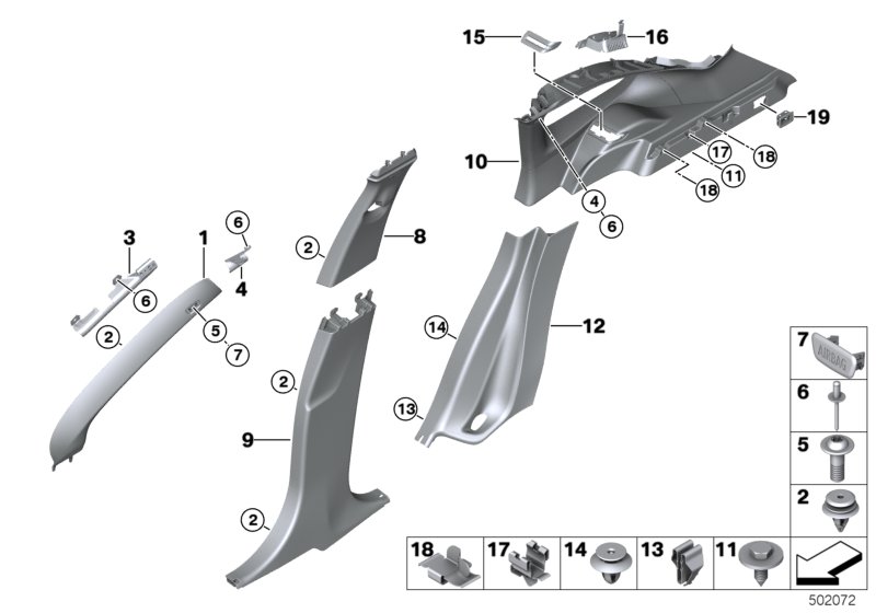 Облицовка стойки A / B / C / D для BMW F48N X1 25iX B42 (схема запчастей)