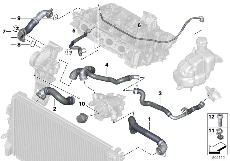 Шланги системы охлаждения для BMW F39 X2 M35iX B48E (схема запчастей)