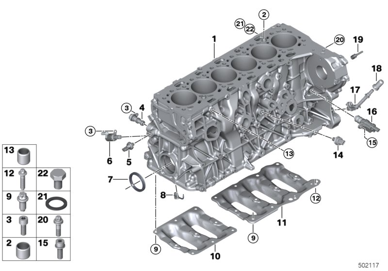 Блок цилиндров/дополнительные элементы для BMW G31 M550dX B57S (схема запчастей)