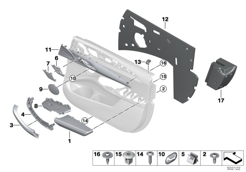 Доп.элементы обшивки передней двери для BMW G01 X3 20i 1.6 B48 (схема запчастей)