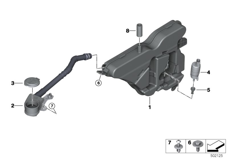 Детали бачка стеклоомывателя для BMW G20 320dX B47D (схема запчастей)