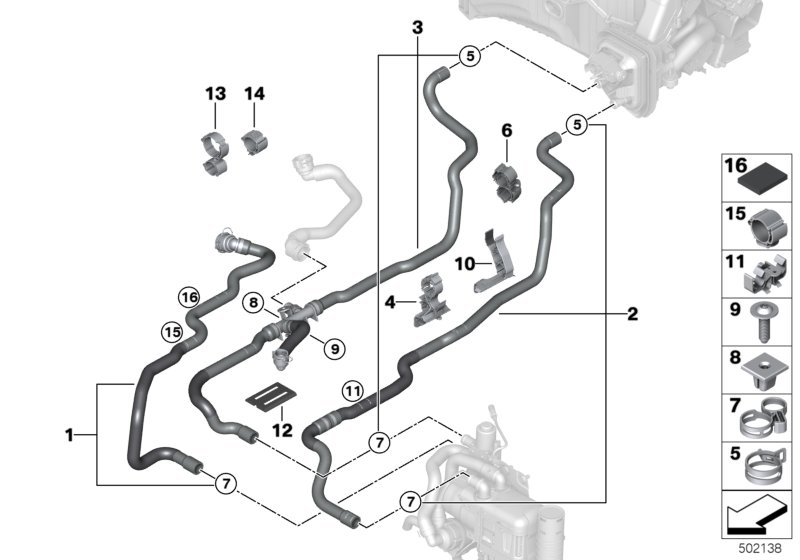 Шланги ОЖ автономной системы отопления для BMW G32 640iX B58C (схема запчастей)
