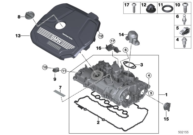 Крышка головки блока цилиндров/доп.эл. для BMW F48N X1 25iX B48D (схема запчастей)