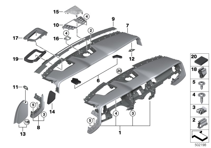 Верхняя часть панели приборов для BMW RR31 Cullinan N74L (схема запчастей)