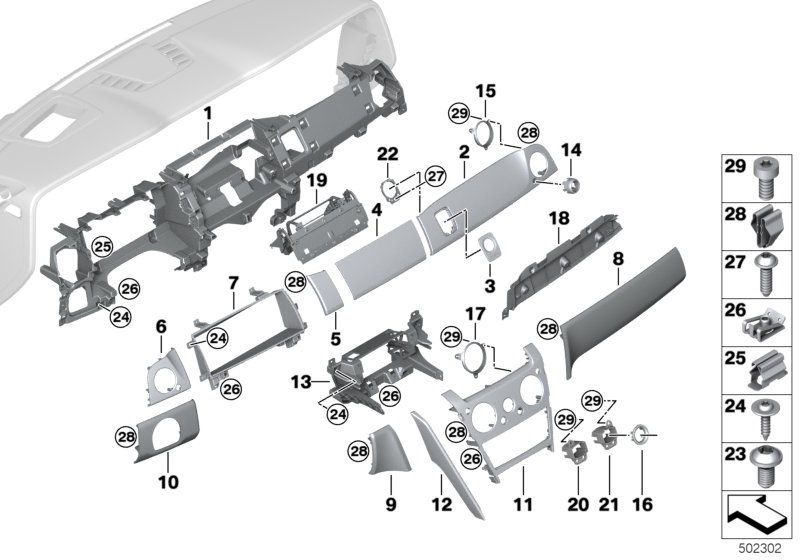 Панель приборов середина для BMW RR31 Cullinan N74L (схема запчастей)