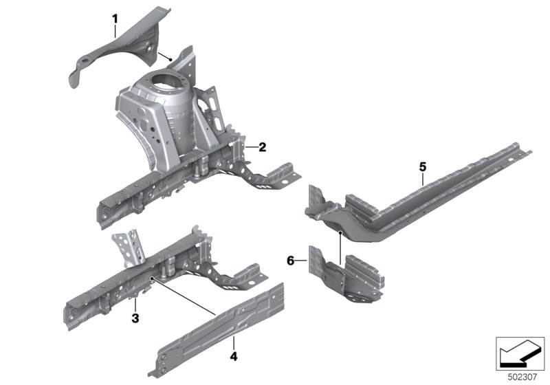 Колесная ниша/лонжерон для BMW F40 M135iX B48E (схема запчастей)