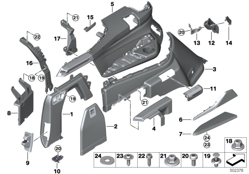 Боковая обшивка багажного отделения Л для BMW G07 X7 M50dX B57S (схема запчастей)