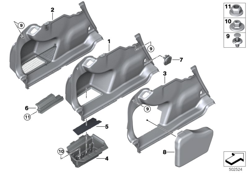 Боковая обшивка багажного отделения Л для BMW G20 320d B47D (схема запчастей)