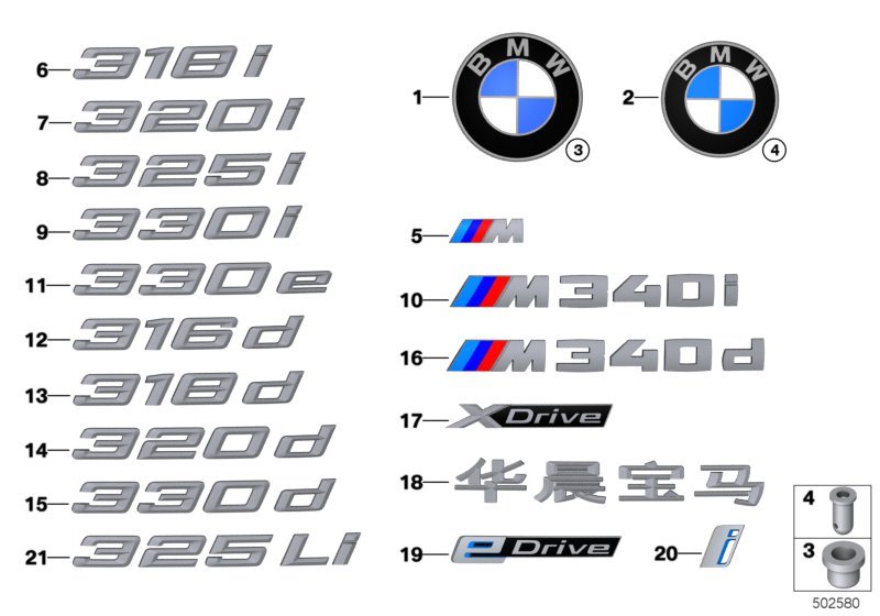 Эмблемы / надписи для BMW G20 M340iX B58D (схема запчастей)