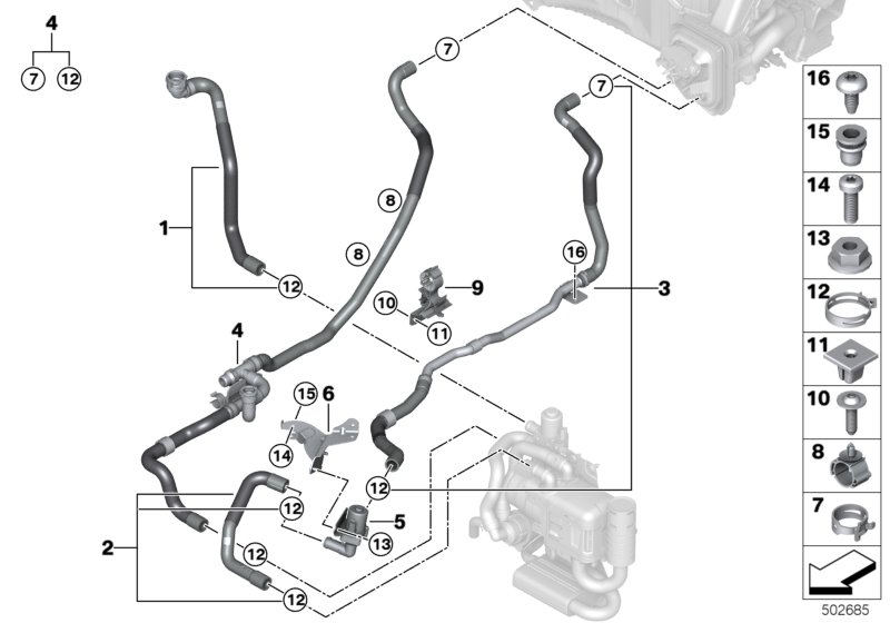 Шланги ОЖ автономной системы отопления для BMW G06 X6 M50iX N63B (схема запчастей)