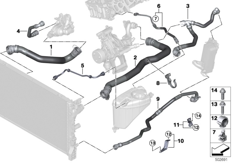 Шланги системы охлаждения для BMW G31 520d XD5 (схема запчастей)
