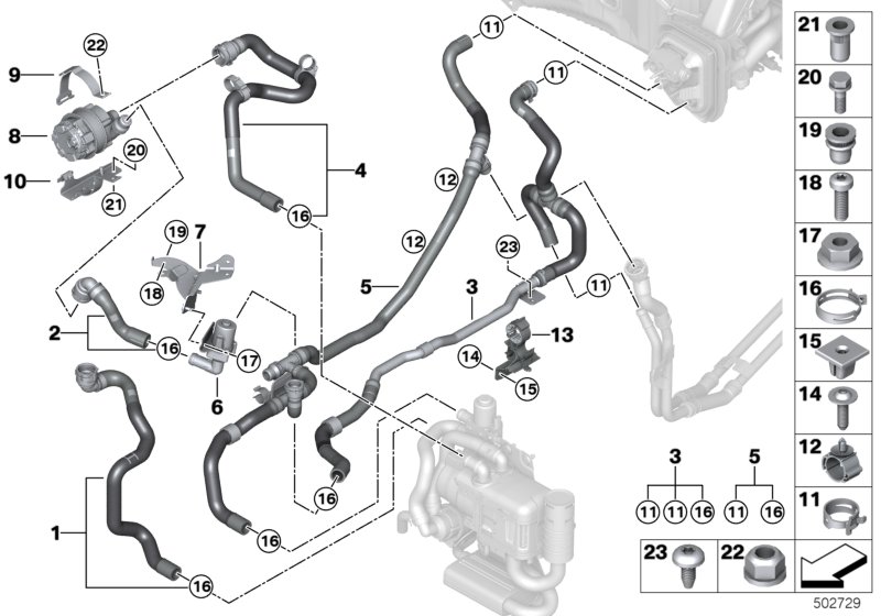 Шланги ОЖ автономной системы отопления для BMW G07 X7 M50iX N63B (схема запчастей)