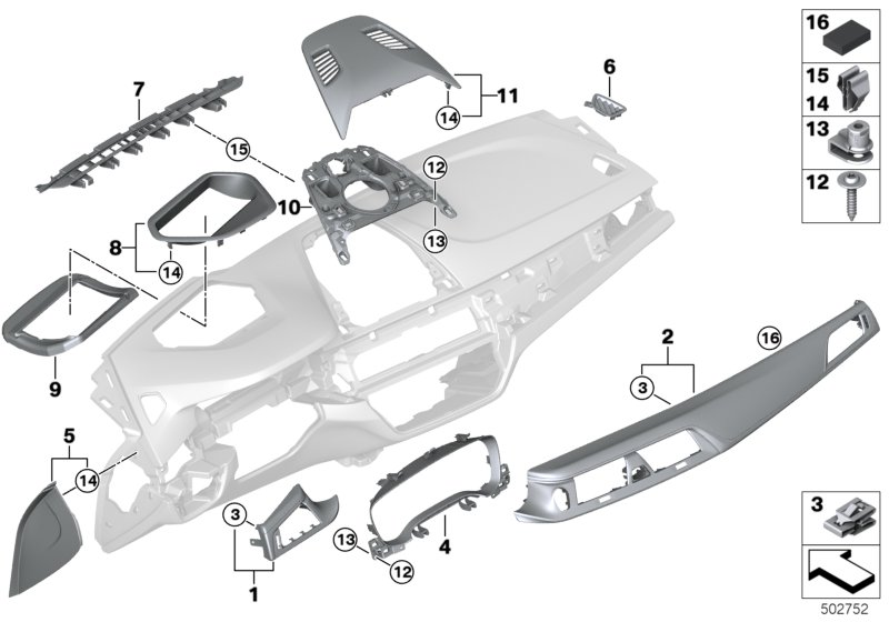 Доп.элементы панели приборов Вх для BMW G30 520i 1.6 B48 (схема запчастей)