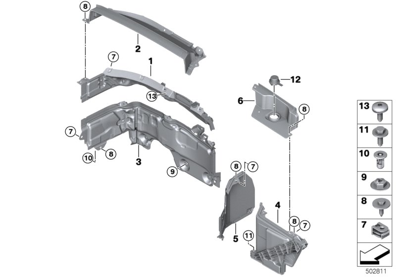 Дополнительные элементы моторного отсека для BMW F48N X1 20d B47 (схема запчастей)