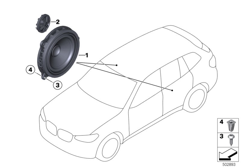 Детали динамика в двери Зд для BMW G01 X3 20i B48 (схема запчастей)