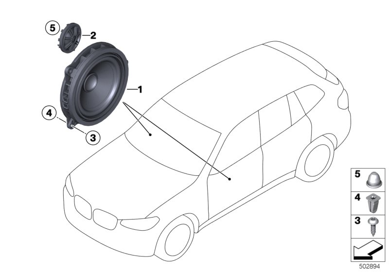 Детали динамика в двери Пд для BMW G01 X3 M40dX (TX95) B57 (схема запчастей)
