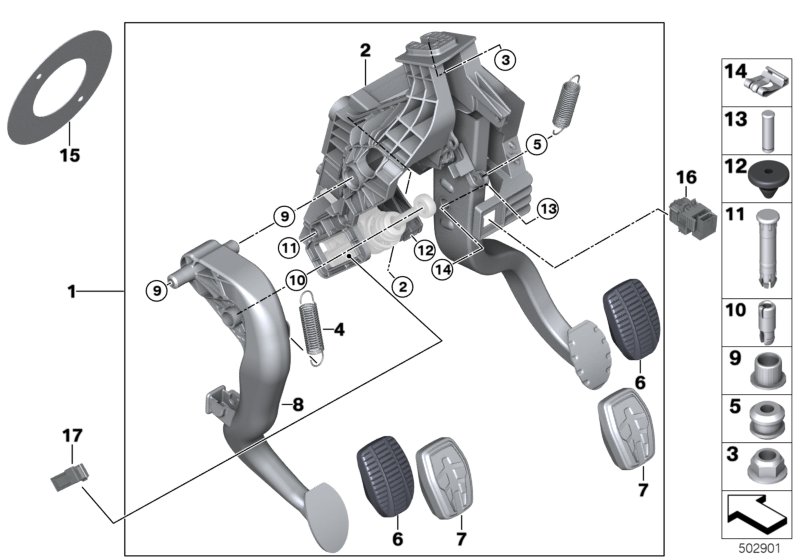 Педальный механизм для а/м с МКПП для BMW F40 118i B38C (схема запчастей)
