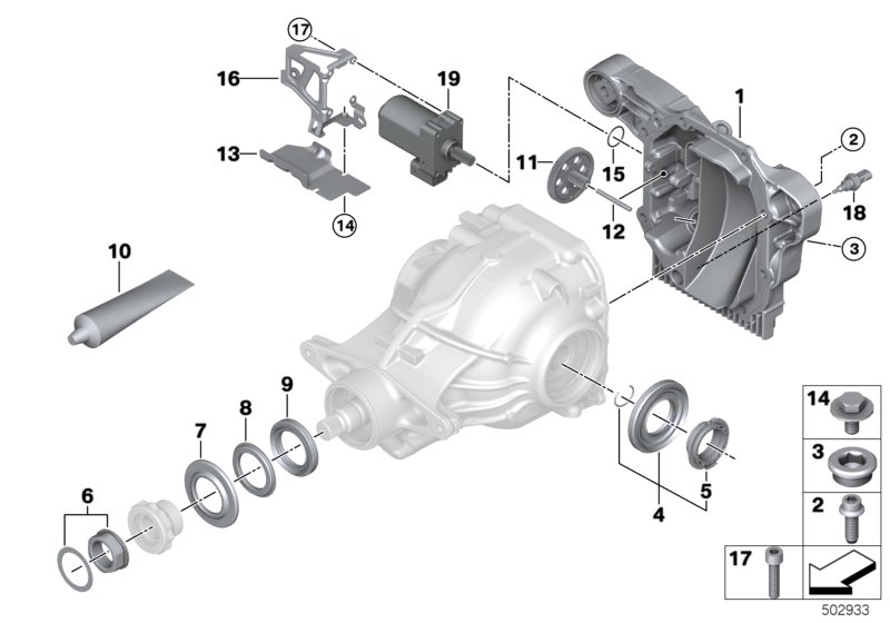 Детали редуктора заднего моста - 225ALS для BMW G14 840iX B58C (схема запчастей)