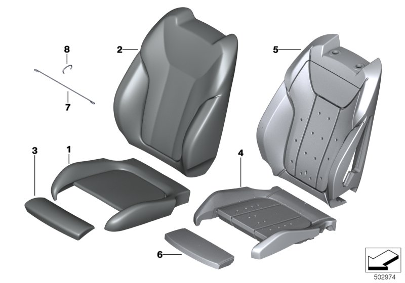 Набивка и обивка спортивного пер.сиденья для BMW F98 X4 M S58 (схема запчастей)